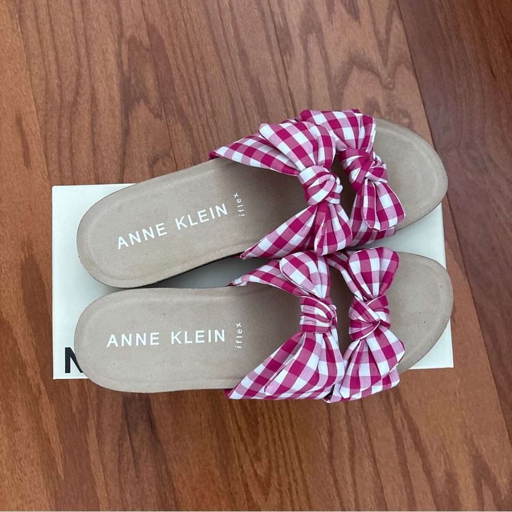 Anne Klein pink and white gingham slide sandals